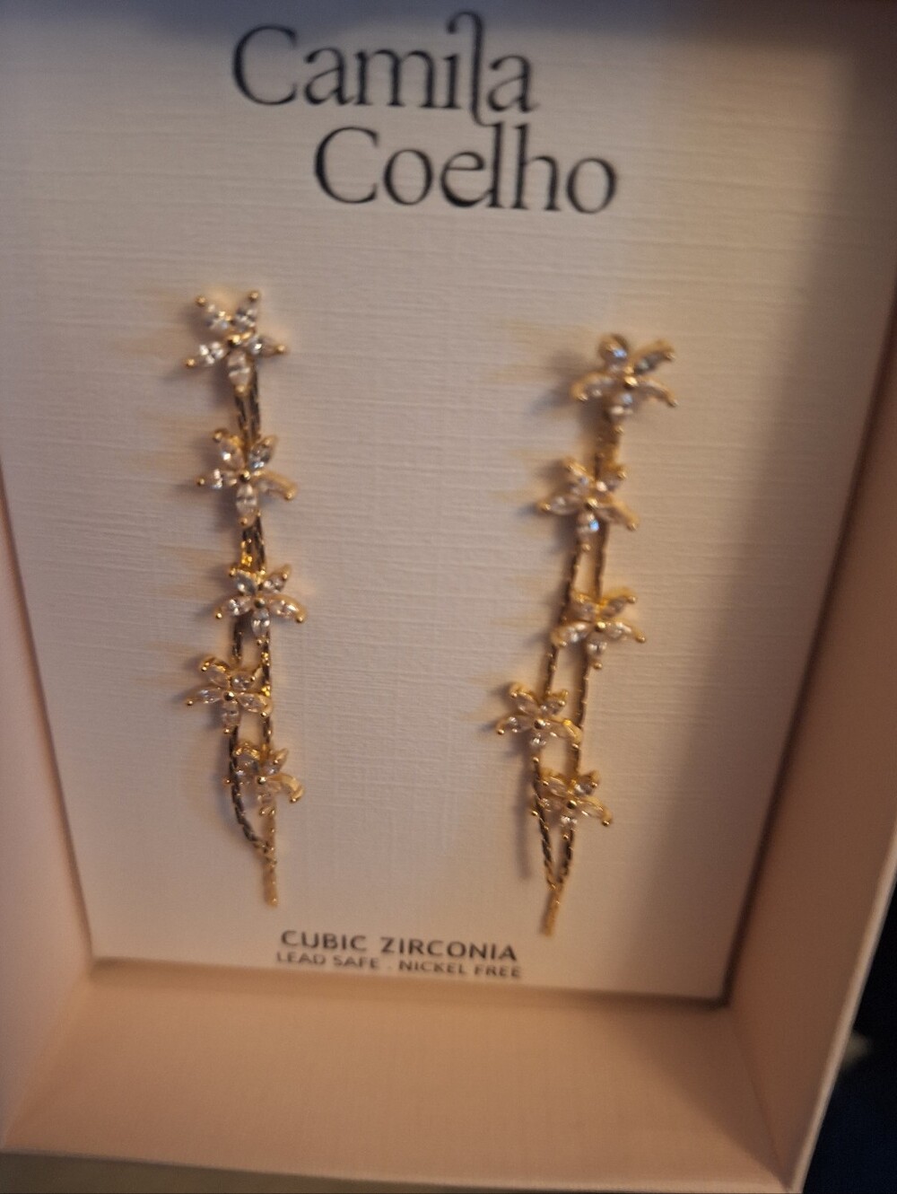 NWT Camila Coelho Gold Floral Vine Drop Earrings, In Box Cubic Zirconia